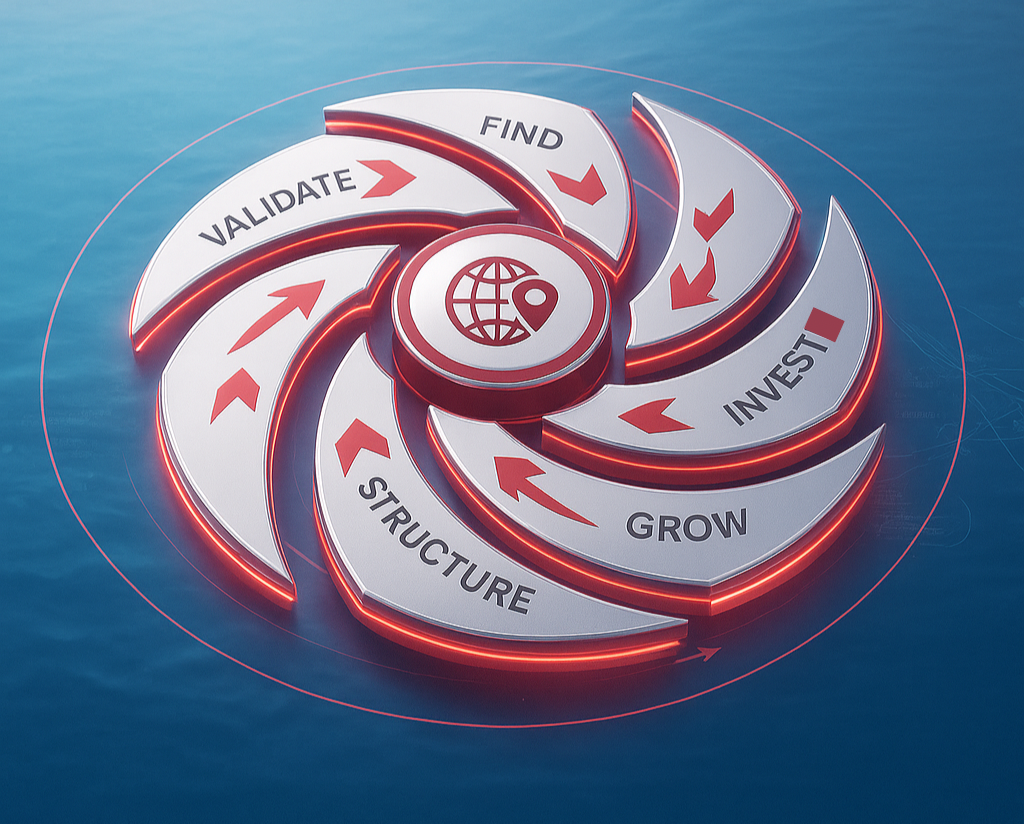 The Pasifik Flywheel showing FIND, VALIDATE, STRUCTURE, INVEST, GROW cycle